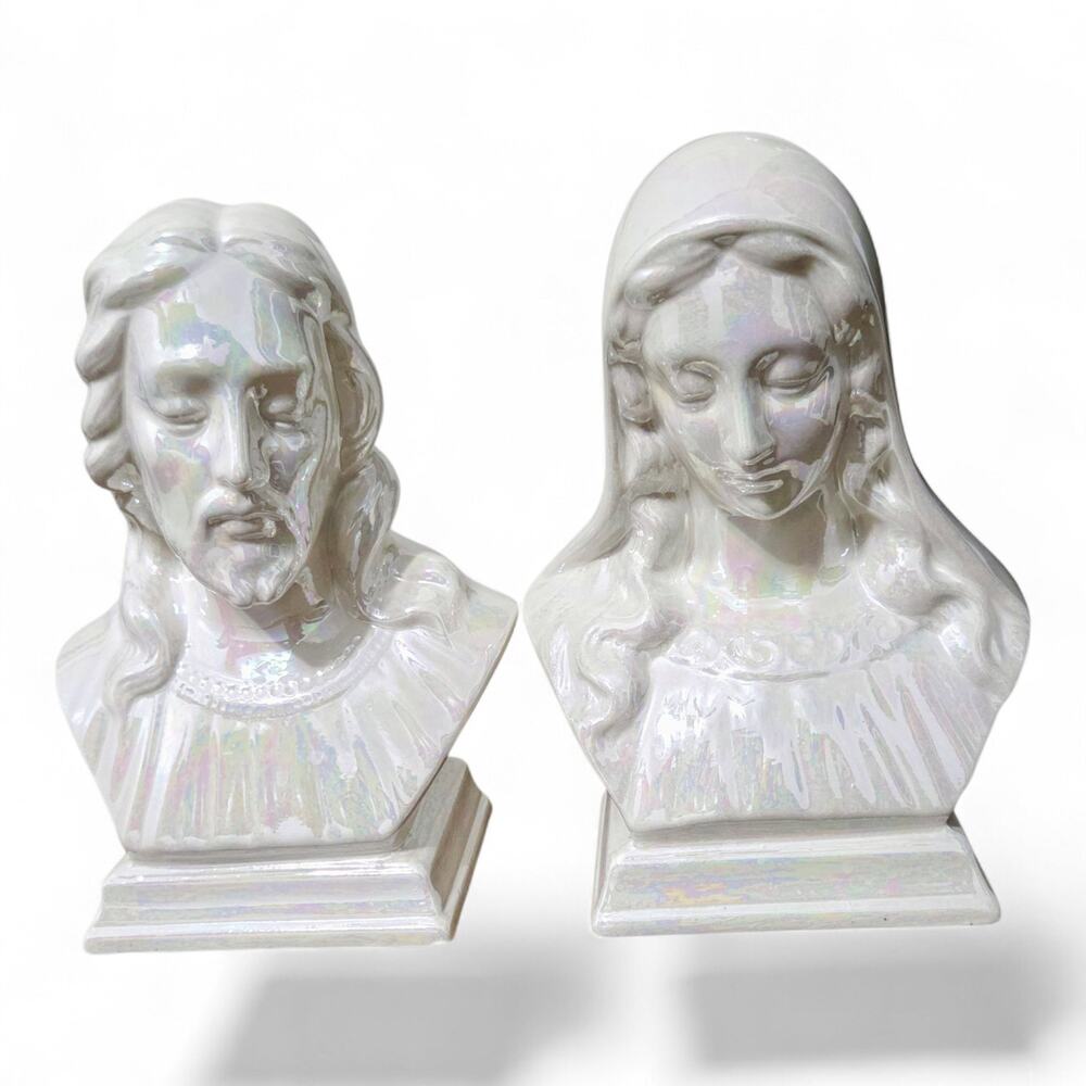 Vintage Holland Mold Jesus & Mary Busts 7" Madonna Ceramic Figurine Religious VG